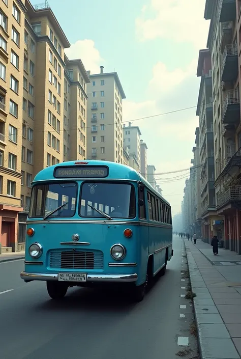 A bus travels through a residential area in Chornomorsk. The photo shows the blue bus itself, as well as multi-story Soviet-era buildings