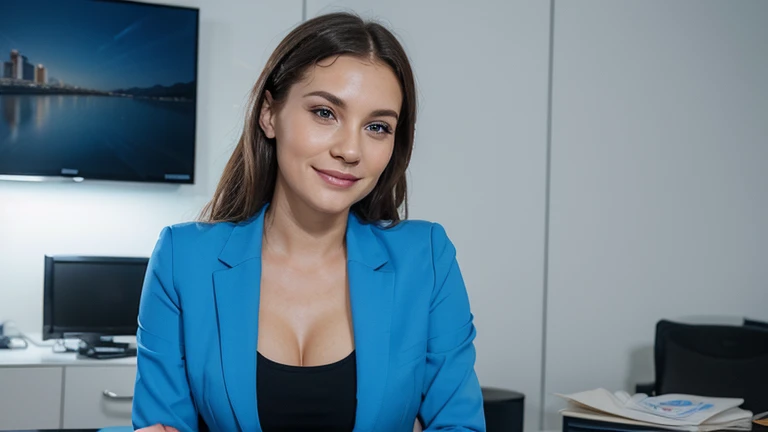 realistic cartoon picture, Insurance manager 30-year-old white Caucasian woman in a modern office setting with blue suit looking straight into the camera, Energetic, warm, friendly, satisfaction, cosy, elegant, closed-mouth smile, flirtatious caucasian, pe...