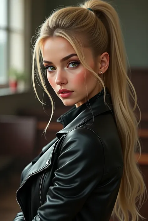 1fille, seulement, méthode, portrait, Cheveux longs, queue de cheval, cheveux blond, Yeux verts, gros seins, (veste en cuir noir:1.2) , encolure,  école, ruboroso, regarder le spectateur,