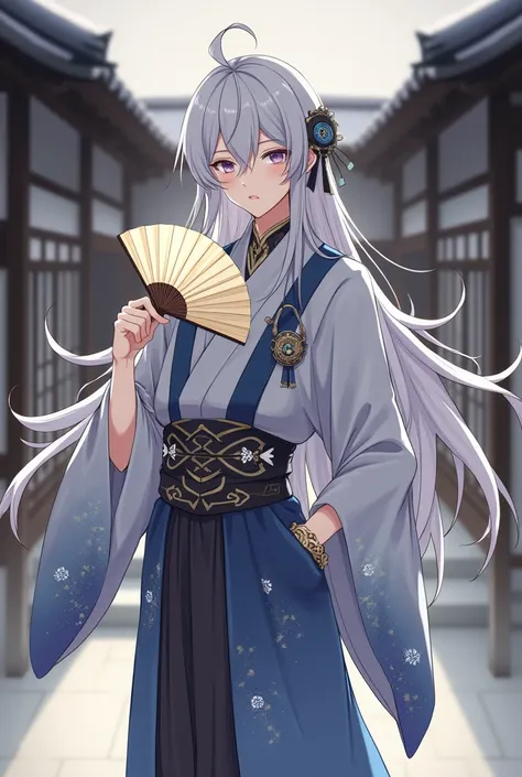 Albedo from genshin impact in male japanese traditional costume m, holding fan looking at camera, with japanes traditional house background from back view