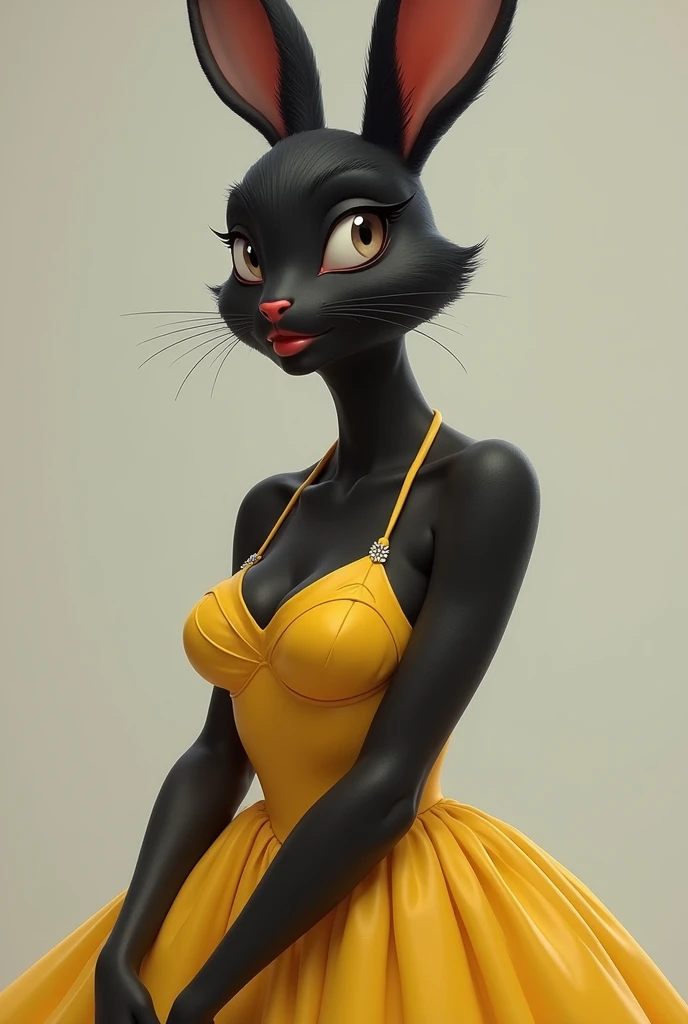 A extremely pretty a furry black bunny, with black hair, piercing gray eyes, full red lips, with gently features and pear shape body, wearing a long yellow dress. (make her adult and sexualizedand with a humanized face ) 
