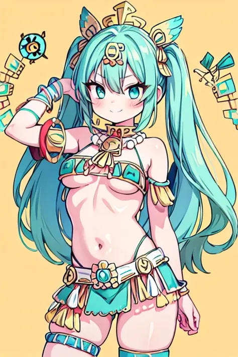 aqua eyes, aqua hair, crossed bangs, hair between eyes, long hair, twintails, female aztec, beautiful, evil smile, medium breast, tuft, bare legs, bare shoulders, bare arms, bikini, tribal feathers, tribal beads, tribal ornaments, ancient aztec oufit, thon...