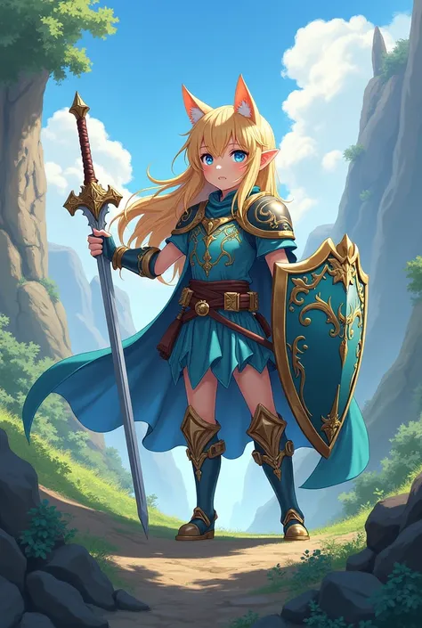 Isekai anime paladin with half long blonde hair, blonde cat ears, blue eyes and a short build using a sword and shield