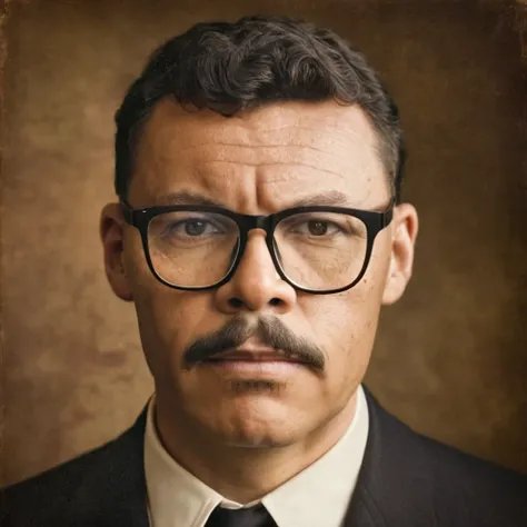 a highly realistic, raw portrait of a man wearing glasses inspired by a vintage photograph. he has a neatly groomed mustache and...