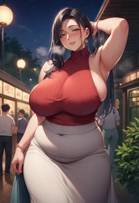 3woman,seductive japanese woman,plump body,gray.long skirt,blushed and smile,(sweaty),at midnight,sleeveless sweater,black hair,night sky,at pub,large breasts,humid,highheel pumps,humid,breathing,