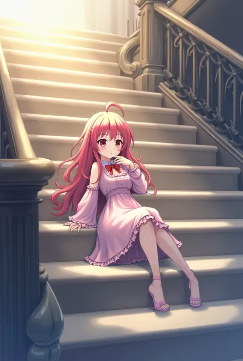 An anime style girl lying on the stairs facing forward 