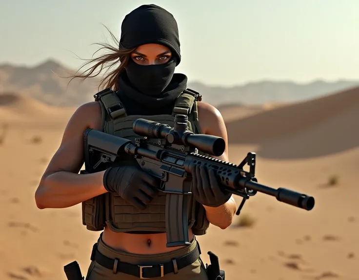 Angelina Jolie as spec ops soldier, wearing Night vision goggles, wearing plate carrier and balaclava, wearing gloves, holding sniper rifle, in desert area, full body view,