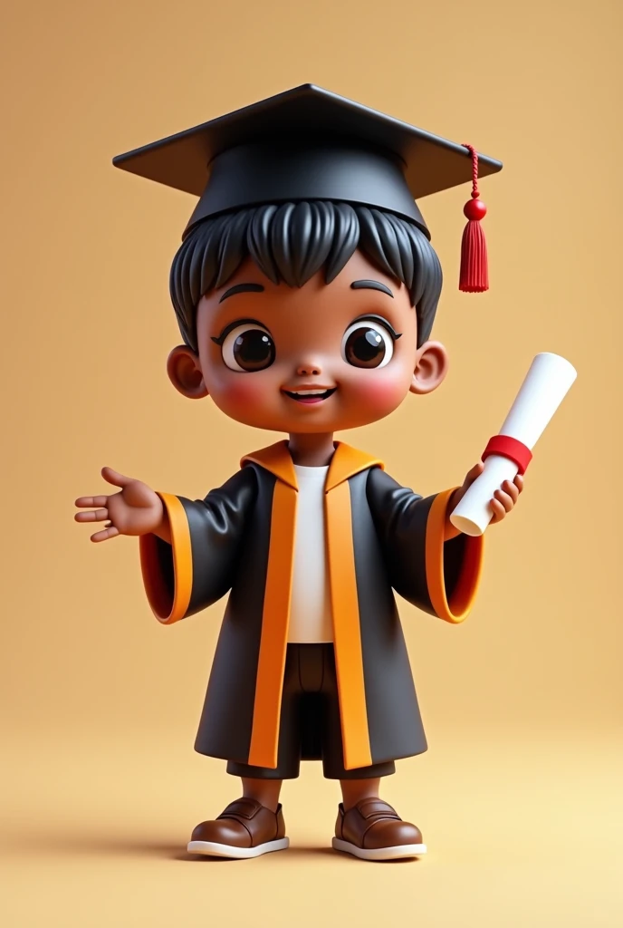 Dark brown male child doll in graduation outfit holding a diploma 2d cartoon style with cropped hair