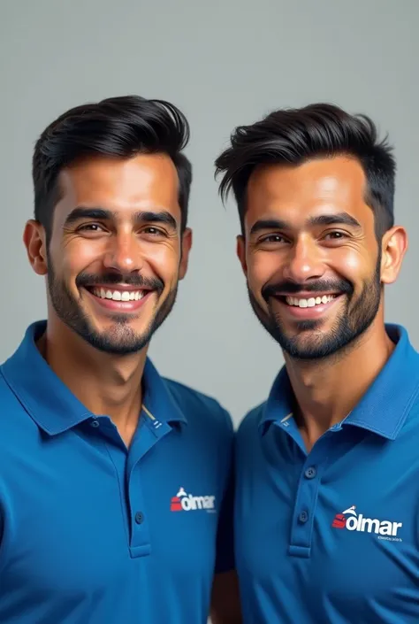 a 2 young man, 169CM TALL, 59kg, WITH MEDIUM MUSTACHE, sem beard, BLACK EYEBROWS AND BLACK STRAIGHT HAIR, WITH BLUE POLO SHIRT WITH SOLMAR COMPANY LOGO, Grinning