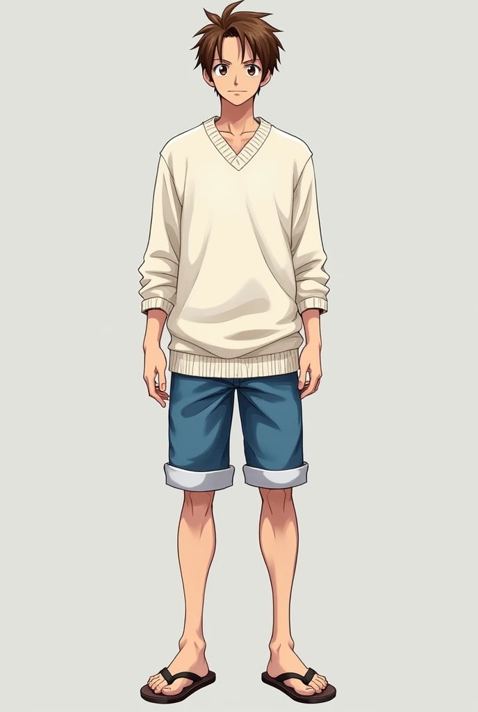 I wanted you to create an image for me , It would be a human in the One Piece model , about 30 years old , with short brown hair , Brown eyes , wearing a long white woolen shirt, with blue shorts and flip-flops