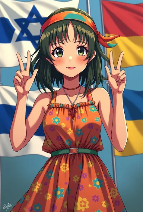 Hippie anime girl with a 60s flowerpower dress, and a hippie bandanna, Ariura Kanna, making the peace and love symbol with a hand, perfect and balanced draw hands, at the background Israel, Palestine, Russia and Ukraine flags.