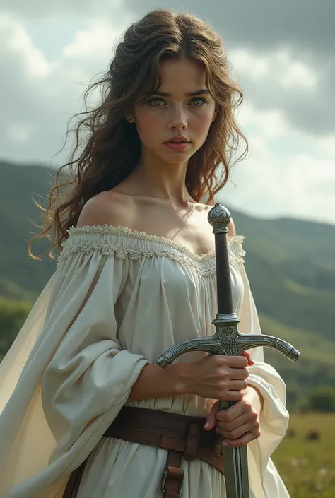 A girl with wavy brown hair and green eyes wearing a white dress and wielding a silver sword 