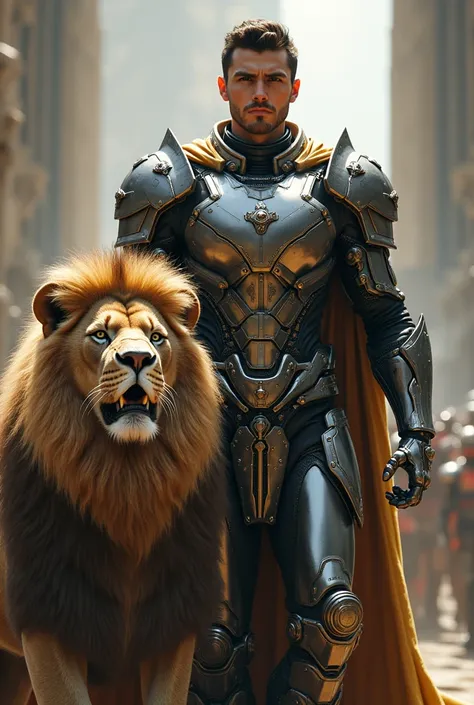 A young handsome king in a metal warrior suit with his lion 