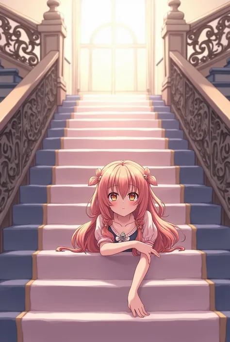 An anime style girl lying on the stairs facing forward 