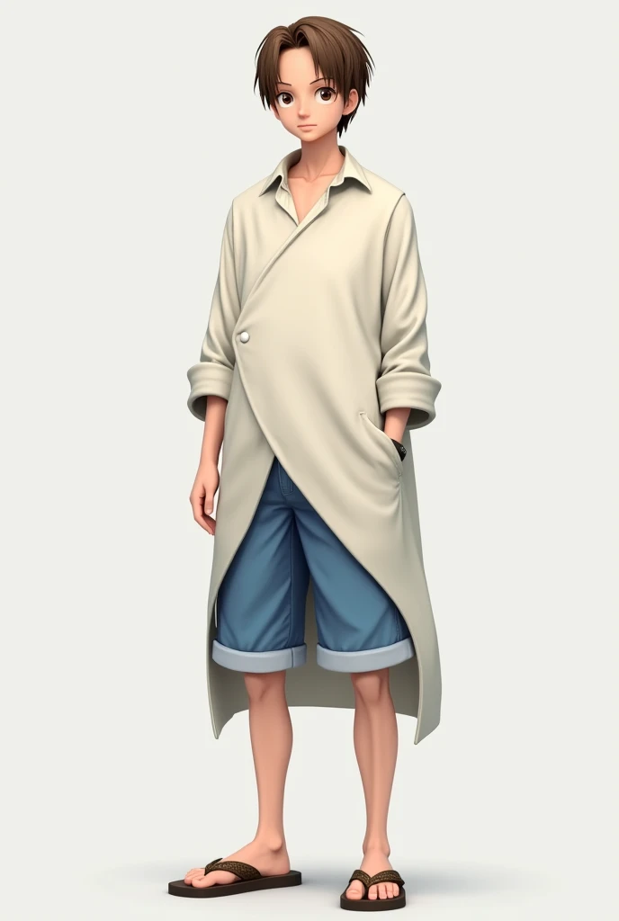 I wanted you to create an image for me , It would be a human in the One Piece model , about 30 years old , with short brown hair , Brown eyes , wearing a long white woolen shirt, with blue shorts and flip-flops