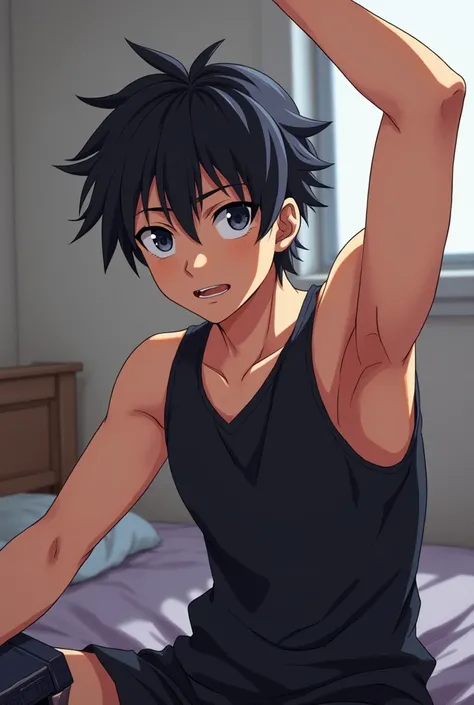 Anime gamer guy, dark short hair, light tan skin wearing a black tank top raising his right arm sitting in his bed