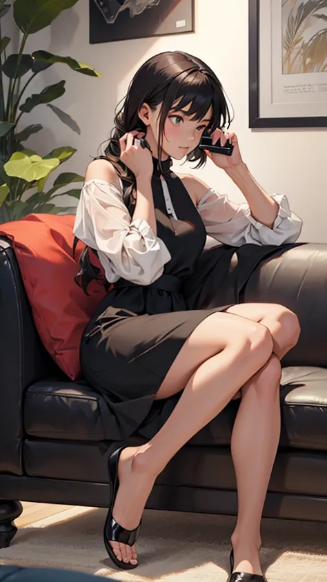 A girl in a dress answering a phone call while sitting on a couch. Perfect body