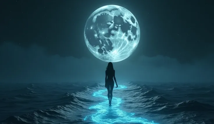 lost trace, sea, naked model long black hair tall beautiful in the distance walking on the ocean moonlight path, full moon rising very low the horizon, the moon is huge and halfway rising above the horizon of the ocean. The moons craters appear to form the...