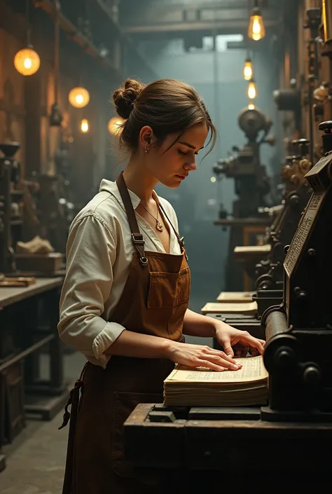 Woman sitting working in a printing shop 