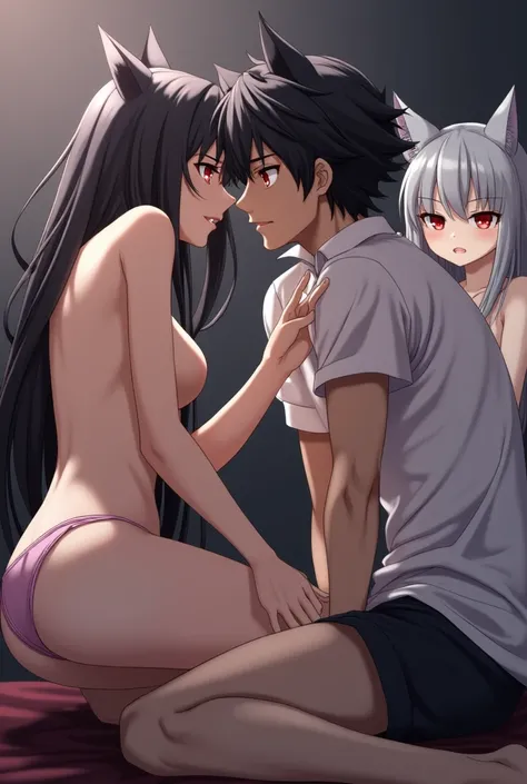 Anime boy with black hair and red eyes taking off clothes of a woman anime long black hair red eyes cat ears red with embarrassment anime girl with white hair cat ears watching angrily 