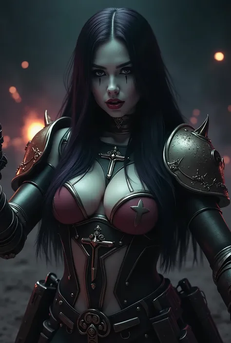 Masterpiece, Best Quality, Official Art, (Highly Detailed CG Unity 8k wallpaper), Detailed background, (Hands by Guido Daniele: 1.1). Full body pose sexy sisters of battle from the warhammer 40k, shooting at the enemy, white armor with intricate details, r...