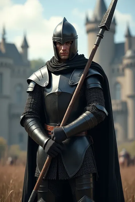 A medieval soldier, with black armor, holding a spear and a castle in the background