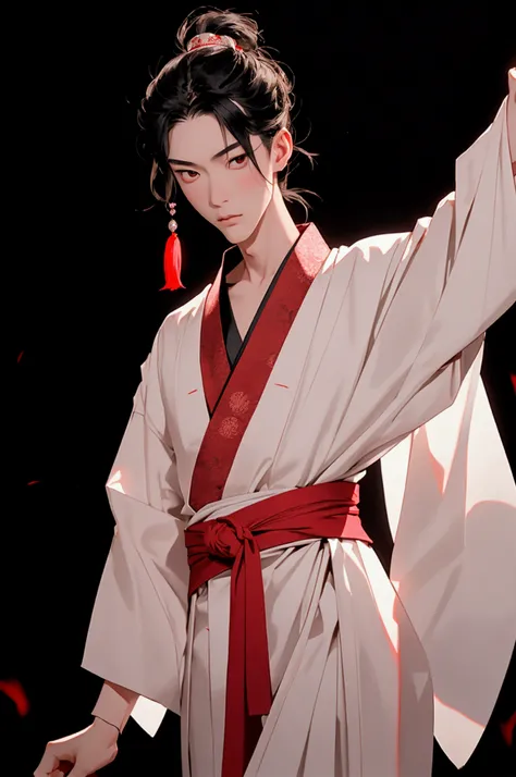 In a traditional Japanese theater, a slender young man, dressed in kabuki attire, with waist-length raven hair, pale-rosy skin, and striking brown eyes, embodies elegance and grace as he moves gracefully under the dimly lit stage.