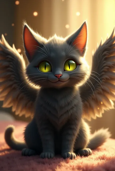 Furry dark gray cat animal with lemon green eyes and wings happy