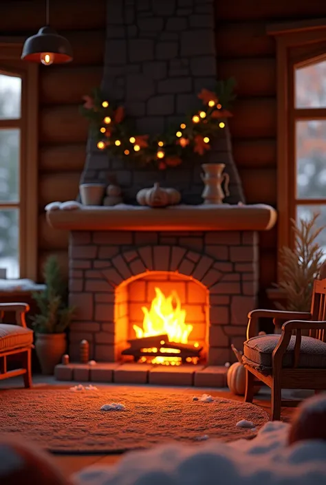 A cozy and warm winter scene featuring a crackling fireplace with glowing embers and flames. The fireplace is set in a rustic, wooden cabin with a soft, glowing ambiance. There is a sense of warmth and comfort, with a subtle glow from the fire reflecting o...