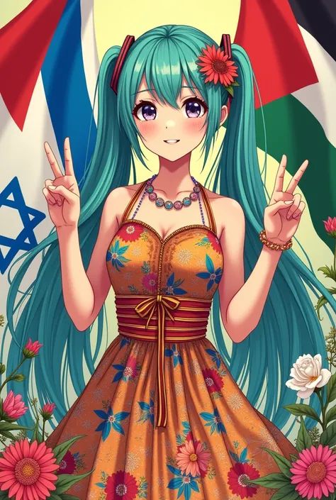 Hatsune Miku with a 60s flowerpower dress, hippie cord, making the peace and love symbol with a hand, perfect and balanced draw hands, at the background the flags of israel and palestine