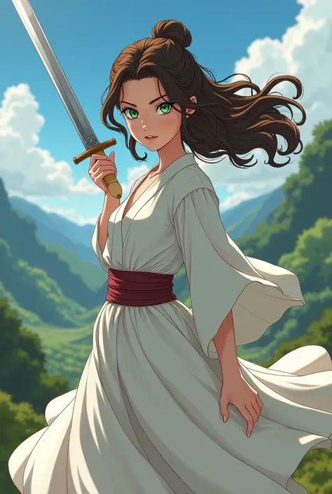 A girl with wavy brown hair and green eyes, White skin, wearing a white dress and wielding a silver sword (Naruto anime style) 