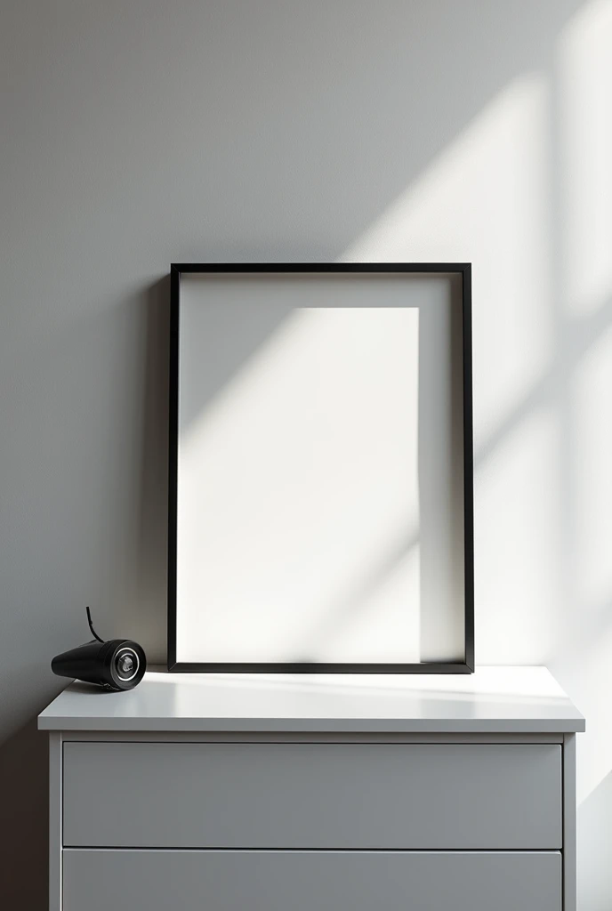 an empty picture frame on a minimalistic night stand
