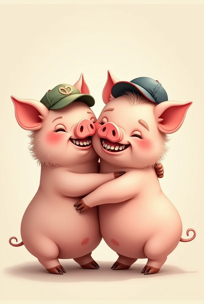 Two pigs hugging each other looking ahead , one with a short beard and a cap and the other with crooked teeth 