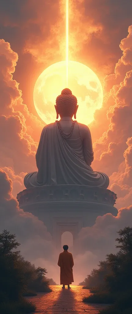 The Majestic Silhouette of Buddha in the Sky Looks Intently at His Temple and People from Heaven, very bright colors and clear details, Beads on Hands, Buddha Temple, Many people go and bring offerings to the Temple,there stands a monk at the passage at th...