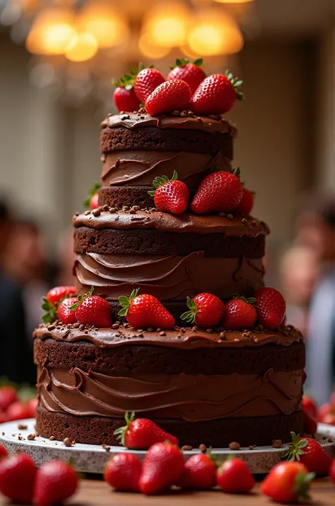 Chocolate cake for 200 people with chocolate frosting and strawberry decoration, that it is three stories