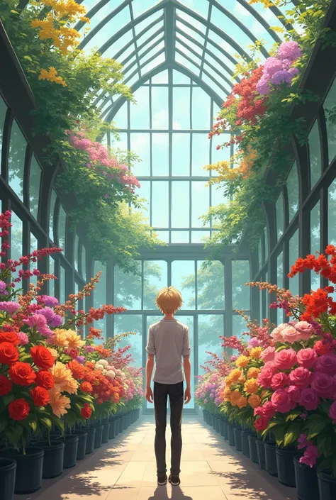 extremely delicate and beautiful, Amazing, finely detail, masterpiece, ultra-detailed, highres,best illustration, best shadow,intricate,sharp focus,  high quality, 1male, solo, blond hair. red eyes, kaveh genshin impact, glass greenhouse, flowers in pots, ...