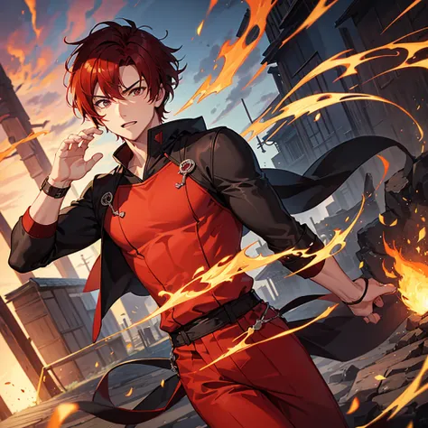 One boy with dark red hair short hair brown red ninja outfit anime in an Japanese old city handsome fire powers