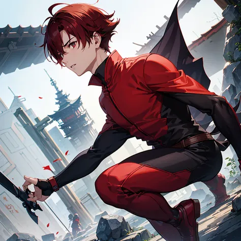 One boy with dark red hair short hair brown red ninja outfit anime in an Japanese old city handsome fire powers