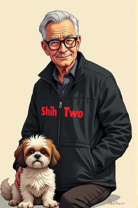 A grandfather with black glasses and a black jacket with red writing vector and a shitzu d