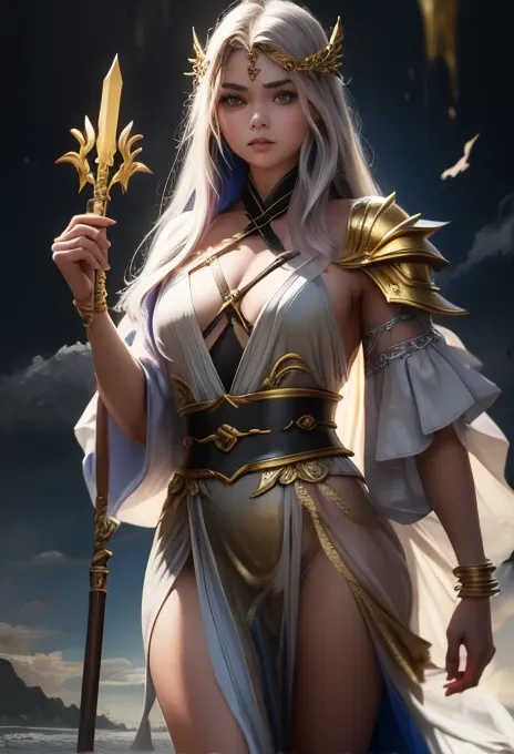 The god of thunder appeared with a clap of thunder、Goddess of Thunder､Gold sheer dress、The body is transparent､Holding a walking stick in his hand