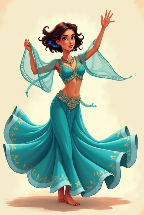 ((art animation 2D)) 20 year old woman with short wavy brown hair with dark blue dyed tips, with blue skin, Brown eyes, with good body, wearing a turquoise Arabic dancer costume, dancing 