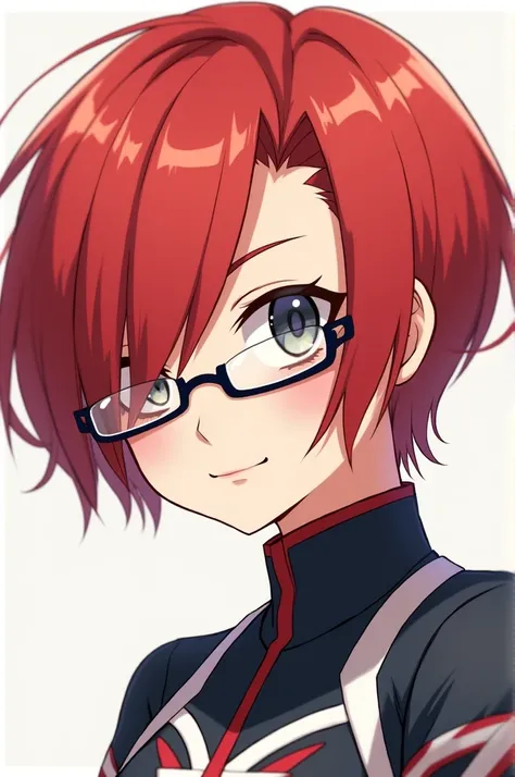 A girl,redhead,short hair,covers one eye,wears glasses with grey eyes and boku no hero outfit