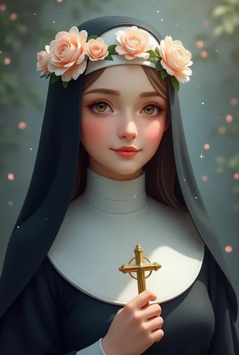 Woman with sweet face smiling with dark navy blue and white nun&#39;s veil and crown of roses with a cross in her hand
