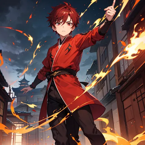 One boy with dark red hair short hair brown red ninja outfit anime in an Japanese old city handsome fire powers small burn marks