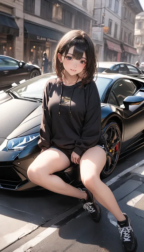 Masterpiece, Cute girl black sweatshirt shorts, sitting on a Lamborghini, best HD quality 