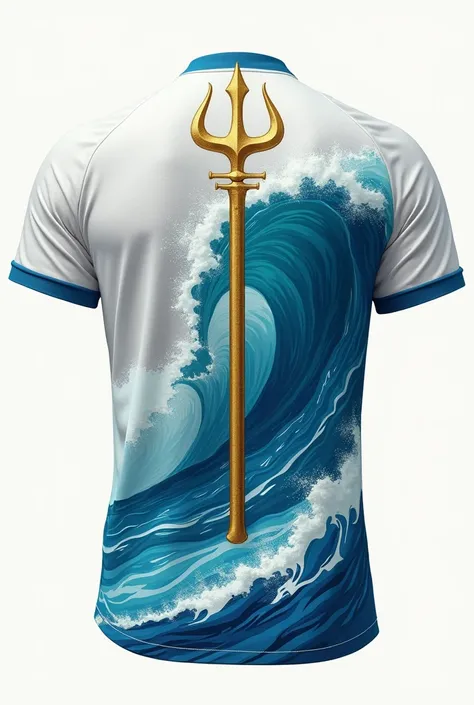 Faça uma camisa do interclasse white na frente, and on the back a wave design that reminds Poseidon. also make a staff by cutting the shirt number. realistic model, blue colors, white, and gold, plain  background
 * 正面: white and smooth, a timeless classic...