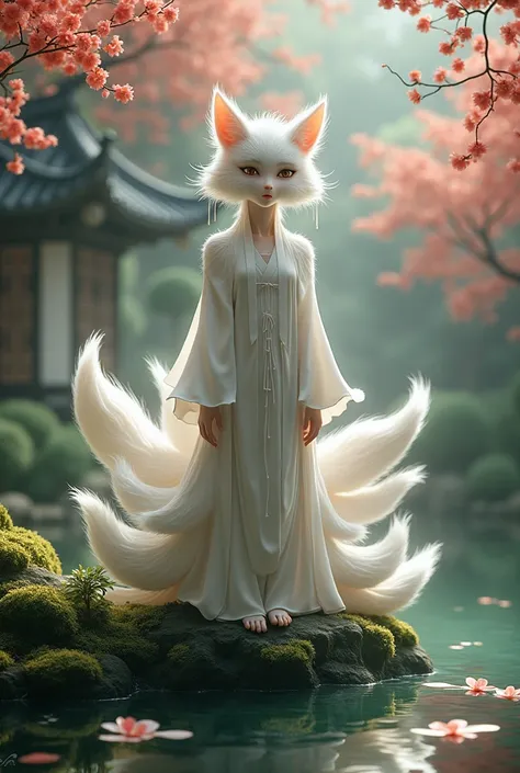 Adult yokai man,inspired by the nine-tailed fox in an oriental garden ,serene,human-looking