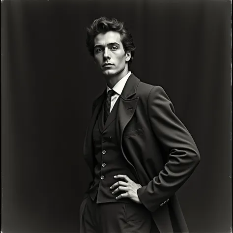 high fashion photography of a man wearing (retro 70s clothes),standing straight,hand on hip,looking at camera,high contrast,photo by Julia Margaret Cameron 