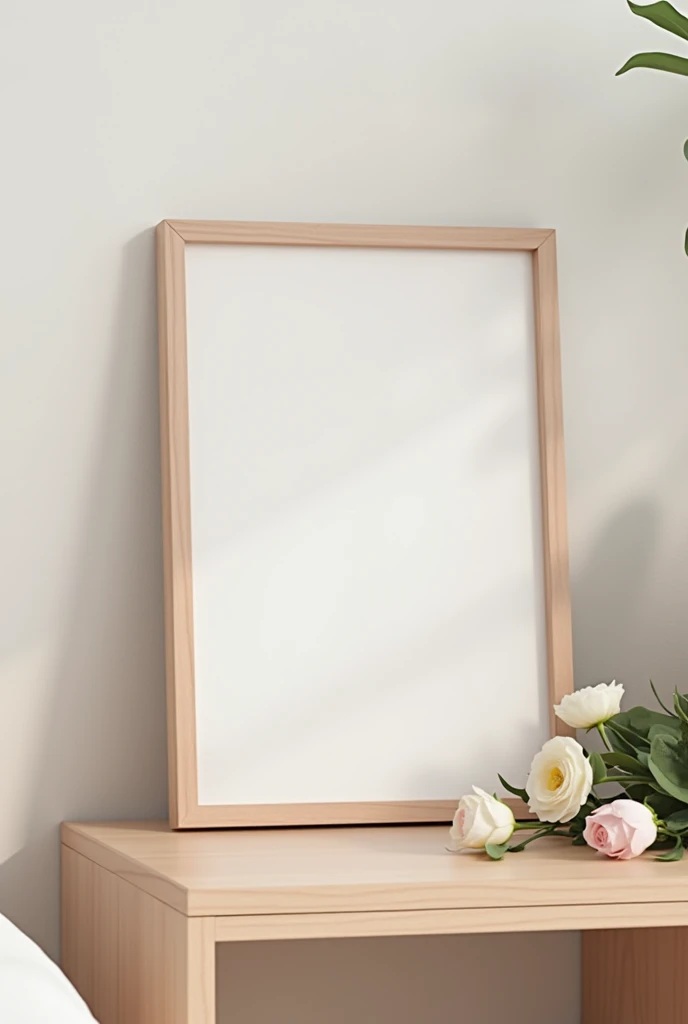 an empty picture frame on a modern night stand with flowers
