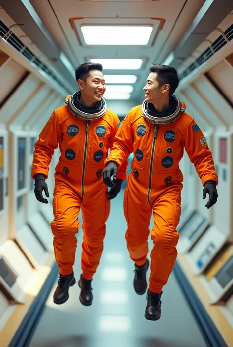 A 2 Asian man, bonitas. In orange astronaut suit. In a ship with 0 gravity. Friendly and smiling